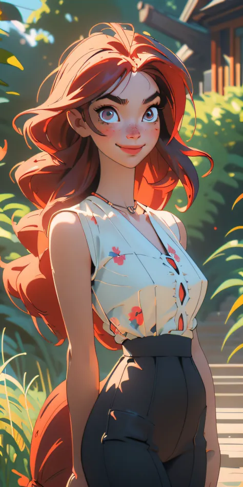 (masterpiece), best quality, 1girl, expressive eyes, perfect face, collarbone, wavy hair, Looking at Viewer, catchlight effects, blurry foreground, upper body, necklace, contemporary, plain pants, ((intricate, print, pattern)), tail horsetail, freckles, re...