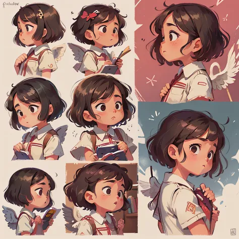 a girl with short curly hair,
((From several different angles))
from opposite, From behind, from the profile,
 different angels, in the style of childreb book charecter, charecter sheet, white background, adjective + object, character sheet, children book ...