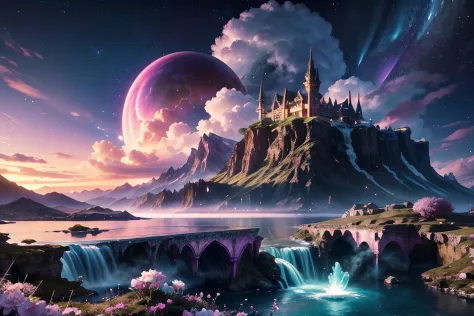 Generate a realistic fantasy landscape with beautiful, ornate romantic buildings, floating islands, crystalline waterfalls streaming from the floating islands, and a dreamy landscape of highly detailed flowers and dreamy watercolors. This is the realms of ...