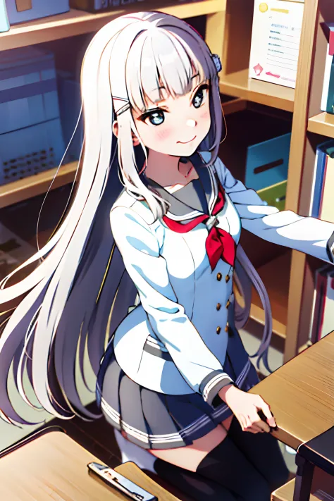 tmasterpiece， best quality at best， 1girll， long whitr hair， mediuml breasts， sakurakoka school uniform， suit school uniform， ti...