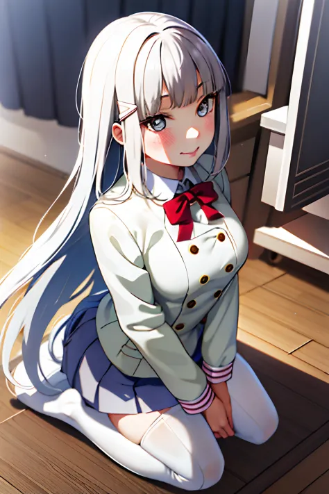 tmasterpiece， best quality at best， 1girll， long whitr hair， mediuml breasts， sakurakoka school uniform， suit school uniform， ti...