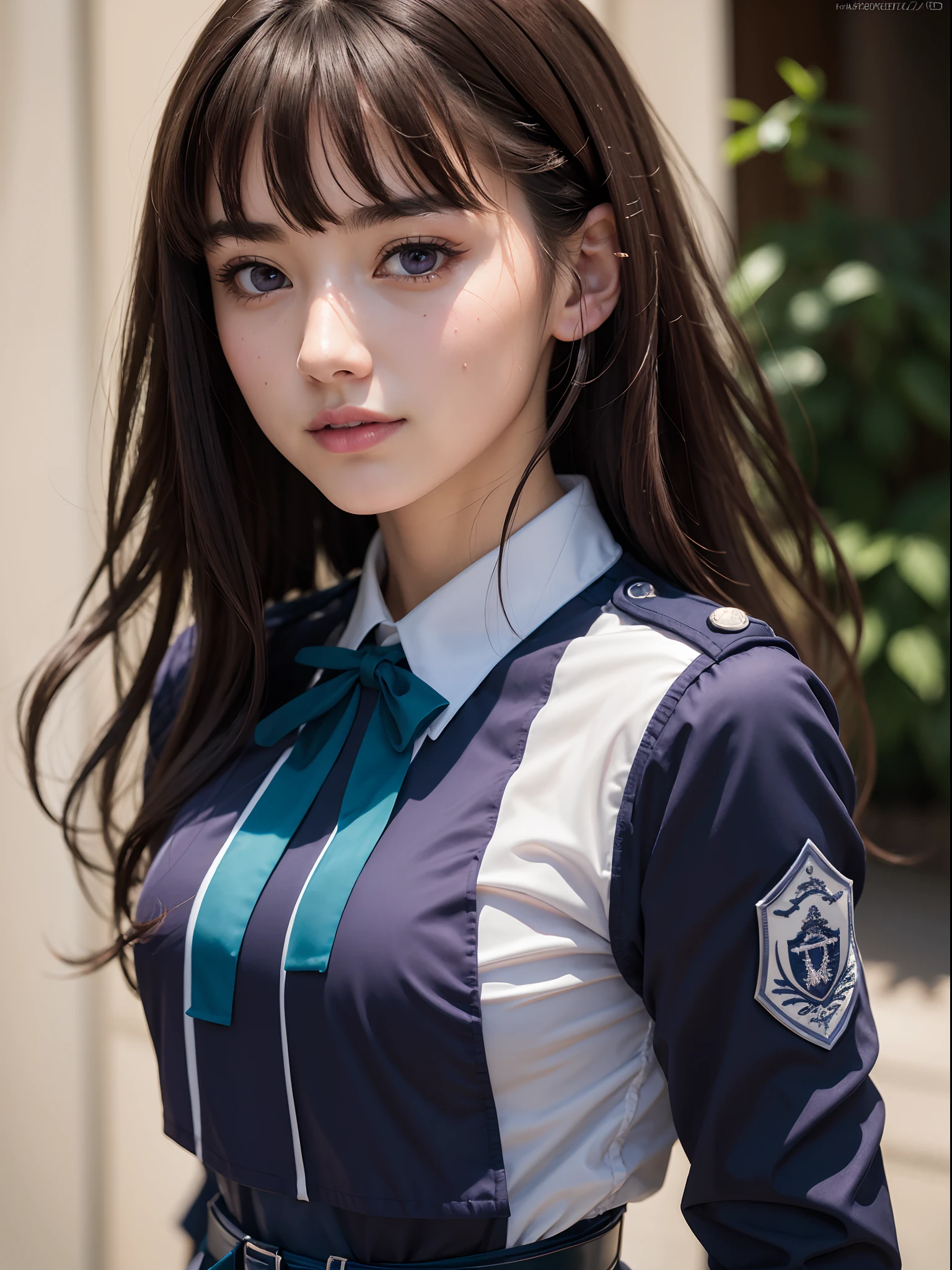 (masterpiece, best quality:1.4), (full body), (standing:1.2), 1girl, solo, inoue takina, long hair, bangs, black hair, (purple eyes:1.2), BREAK shirt, long sleeves, dress, ribbon, school uniform, white shirt, collared shirt, belt, neck ribbon, blue dress, green ribbon, pleated dress, grey dress, two-tone dress, blue belt, lycoris uniform,  looking at viewer, beautifull smile, beautiful face, highly detailed face, highly detailed eyes, highly detailed skin, skin pores, subsurface scattering, realistic pupils, full face blush, full lips, detailed background, depth of field, volumetric lighting, sharp focus, absurdres, realistic proportions, good anatomy, (realistic, hyperrealistic:1.4), 16k hdr,