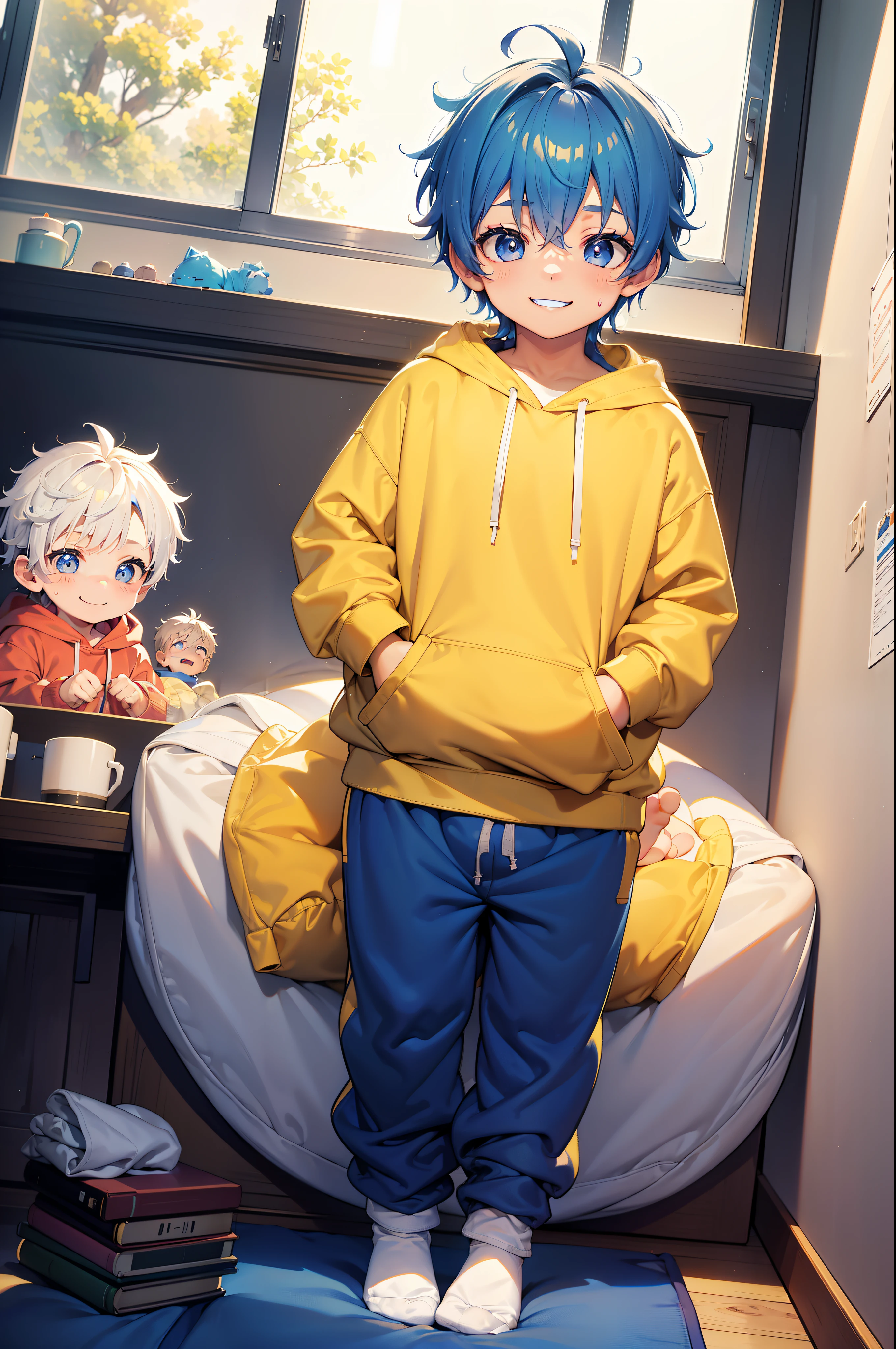 obra maestra, chubby Little chico with blue hair and shiny bright gold colored eyes and pequeño socks wearing a hoodie, and oversized pantalones deportivos sitting in a his room, lloviendo fuera de la ventana, joven, chico, , pequeño, niño pequeño, luz tenue, (pantalones deportivos:1.4), (calcetines de tamaño insuficiente:1.4), (chico:1.4), (Shota:1.4), (joven:1.4), (Male:1.4), (sonriente:1.4), (pie:1.4), (tímido:1.4), (pastel:1.0), (colores:1.0), (cute colores:1.0),