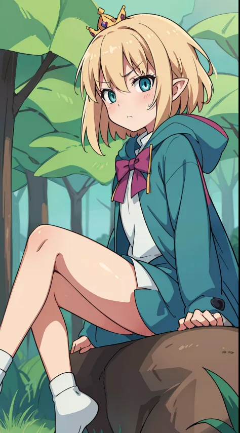 hiquality, tmasterpiece (One teenage girl, pixie) Princess. Little Crown. Cute frown face, blonde hair. blue eyes – green hunting cloak. On the outskirts of the forest