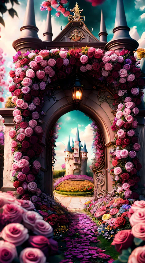photo (FlowerGateway style:1) The castle entrance is surrounded by flowers, Disney, rose, cinematic, surreal, HD, cool tones, da...