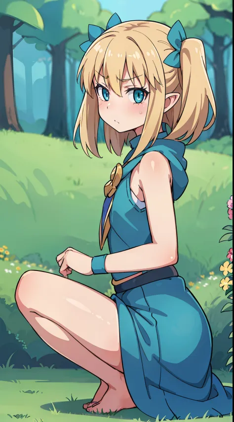 hiquality, tmasterpiece (One teenage girl, pixie) Princess. Little Crown. Cute frown face, blonde hair. blue eyes – green hunting cloak. On the outskirts of the forest.