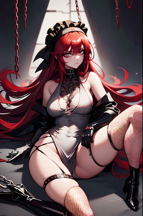 ((masterpiece)), ((best quality)), 1girl, long hair, big bust, ((red hair)), semi naked, very long red hair, ((intimidant look)), sexy pose, ((blood marks)), yellow eyes, ((white lace lingerie)), ((chains)), leather, dark colors, ((bandana)), brillant eyes...