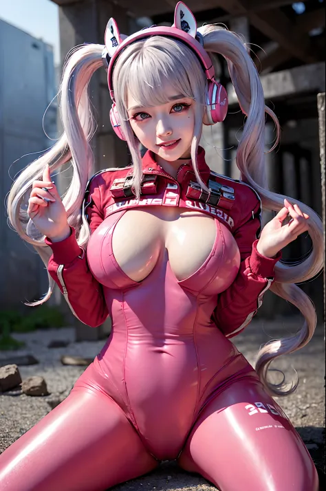 Best quality, super high resolution, (realism: 1.4), masterpiece, 1girl, Kpop idol, (aegyo sal: 1.0), puffy eyes, (city of ruins), alice\(nikke\), (pink bodysuit), ((beast ear headphones)), (shiny clothes), double ponytails, (latex onesie), (rubber suit), ...