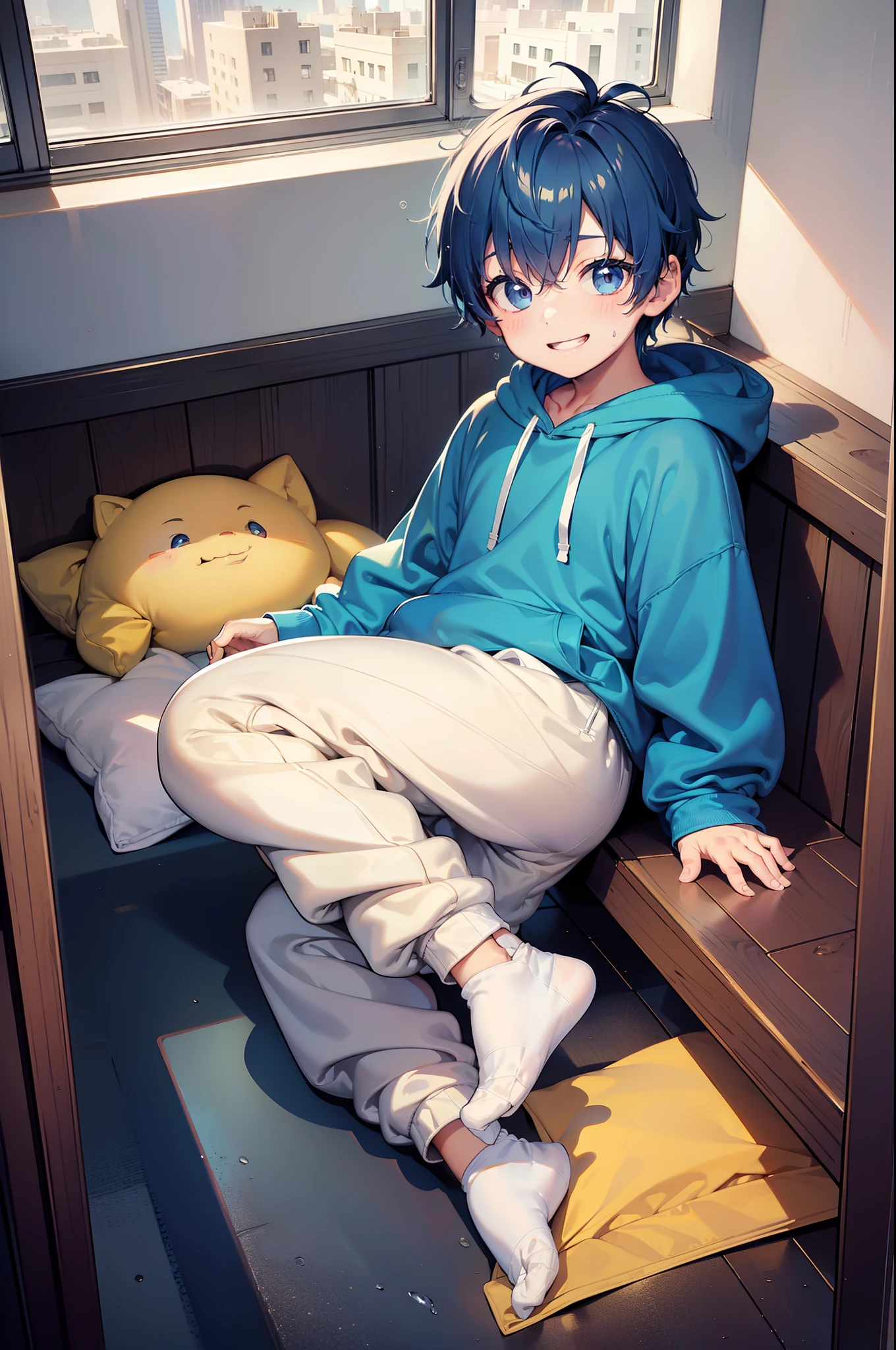 Masterpiece, chubby  with blue hair and shiny bright gold colored eyes and small socks wearing a hoodie, and oversized sweatpants sitting in a his room, raining outside window, young, boy, child, small, toddler, soft light, (sweatpants:1.4), (undersized socks:1.4), (Boy:1.4), (Shota:1.4), (Young:1.4), (Male:1.4), (smiling:1.4), (foot:1.4), (shy:1.4), (pastel:1.0), (colors:1.0), (cute colors:1.0),