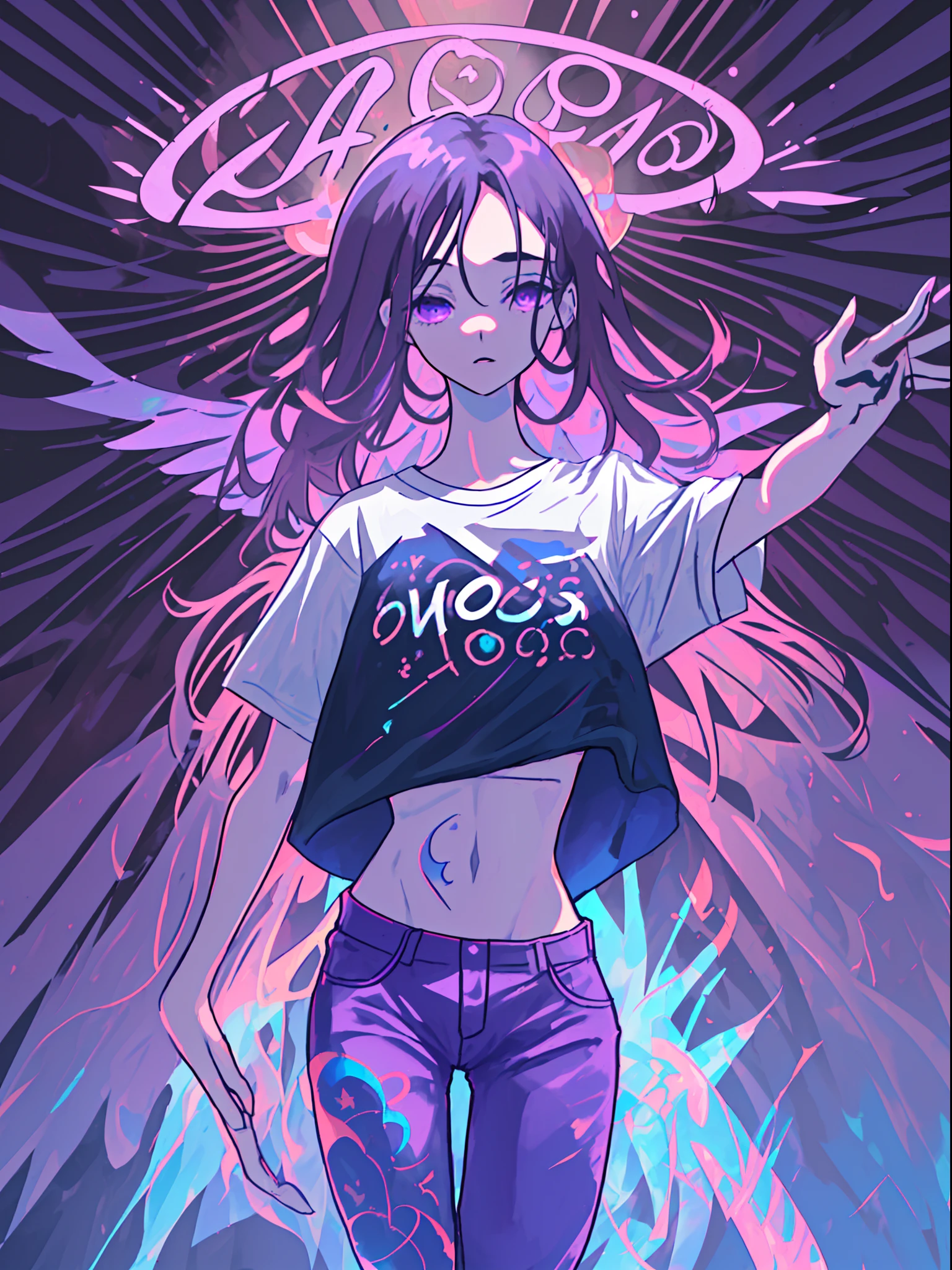 ilustrador, obra maestra, alta calidad, 8k, high resolusion, alto detalle, chica de pelo rosado perfecto, pelo largo rosado detallado, cabello rosado, Pants with hip ventilation, T-shirt with purple flame print, Curvas, Caderas anchas, 5 dedos, camiseta color negra, estilo de sombreado difuminado, pelo rapado de la parte derecha, cabello rapado en la parte derecha, fondo de llamas, purple flames, corte de pelo hongo, chica joven, pelo corto