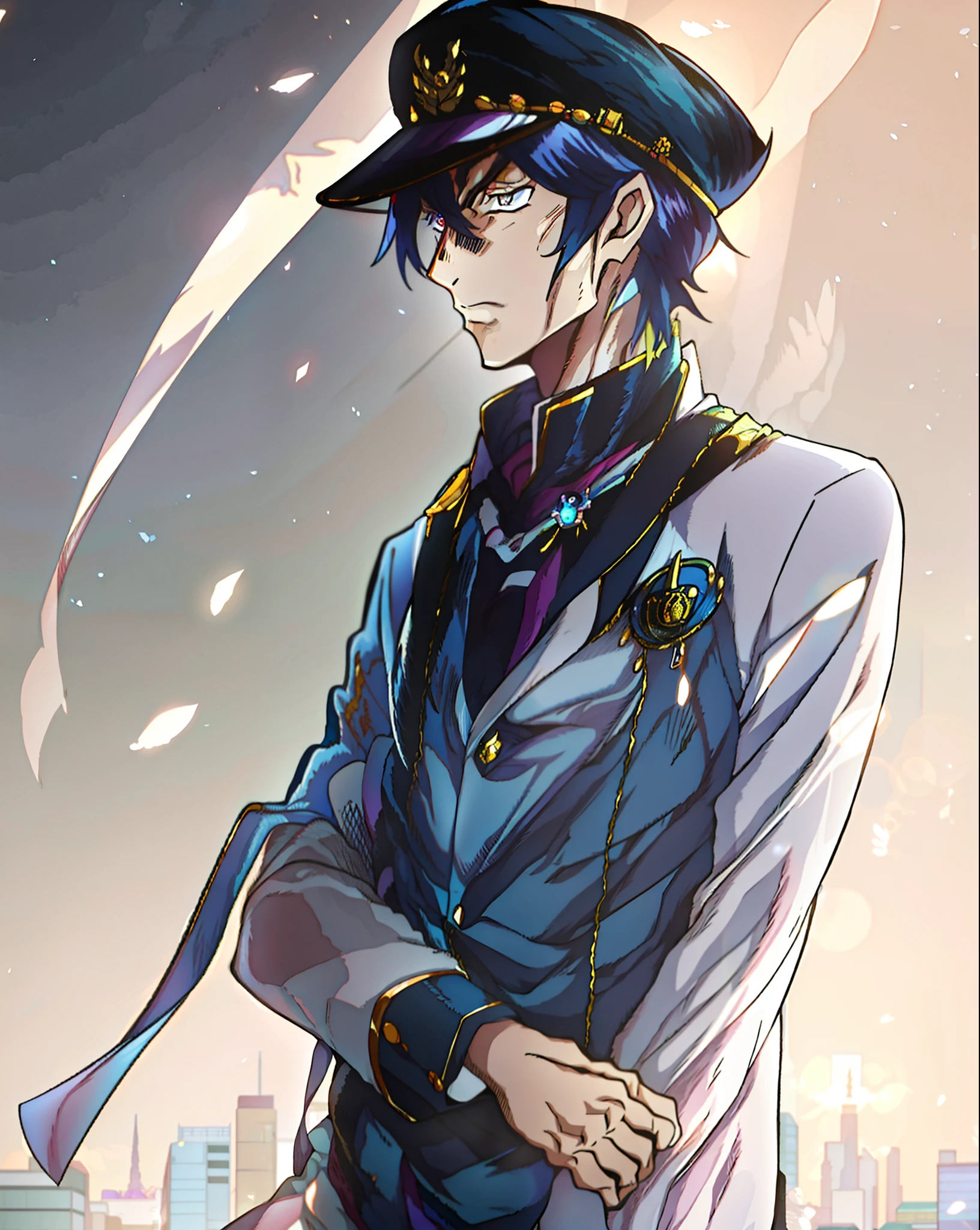 Anime characters standing in front of the city in uniform, Delicate male, Handsome anime pose, Anime handsome man, inspired by Okumura Togyu, he is wearing a top hat, inspired by Yamagata Hiro, Tall anime man with golden eyes