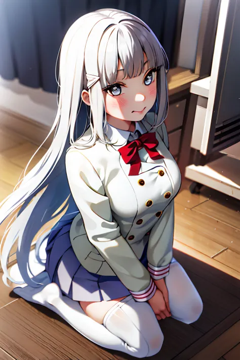 tmasterpiece， best quality at best， 1girll， long whitr hair， mediuml breasts， sakuraoka school uniform， suit school uniform， tie...