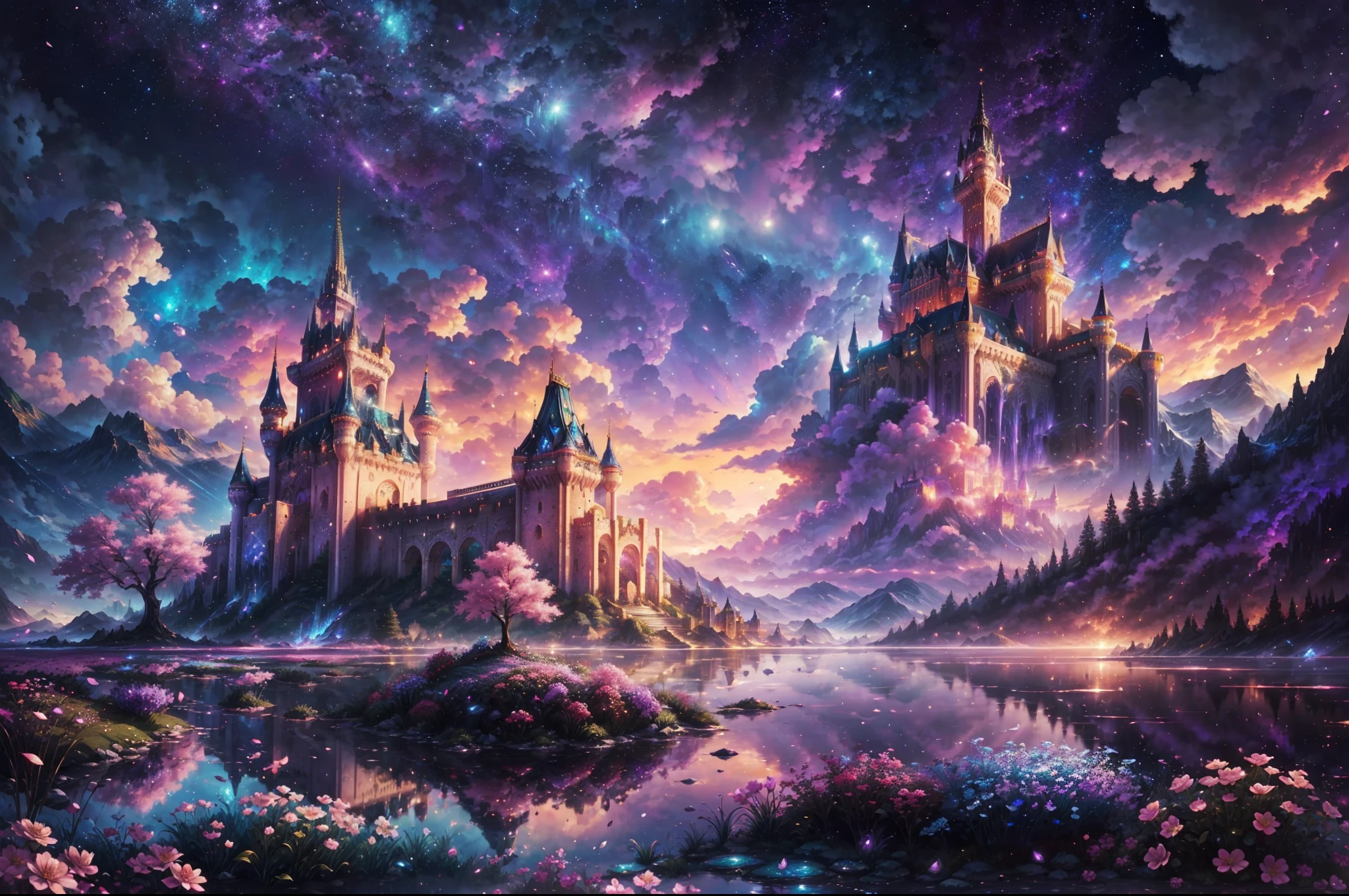 Generate a realistic fantasy landscape with beautiful, ornate romantic ...