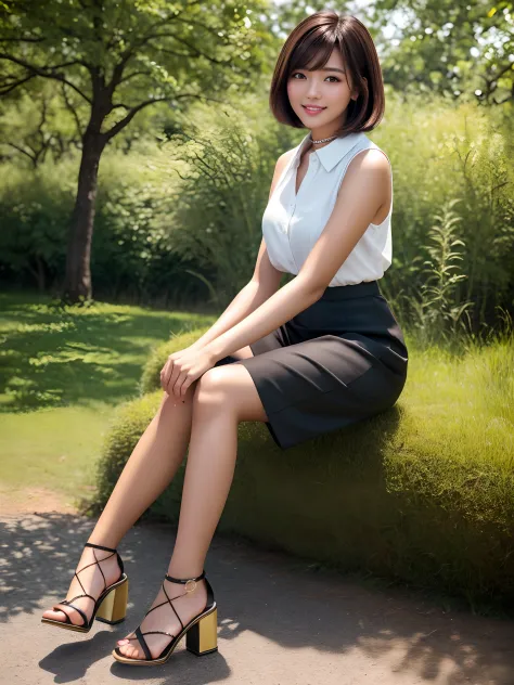 product quality, 1girl, full body shot, front view, a Japanese young pretty girl, bob hair, sitting on a grasses in a crowded park with a big smile, glamorous figure, busty, wearing a sleeveless white blouse with a collar, wearing black culottes skirt, wea...