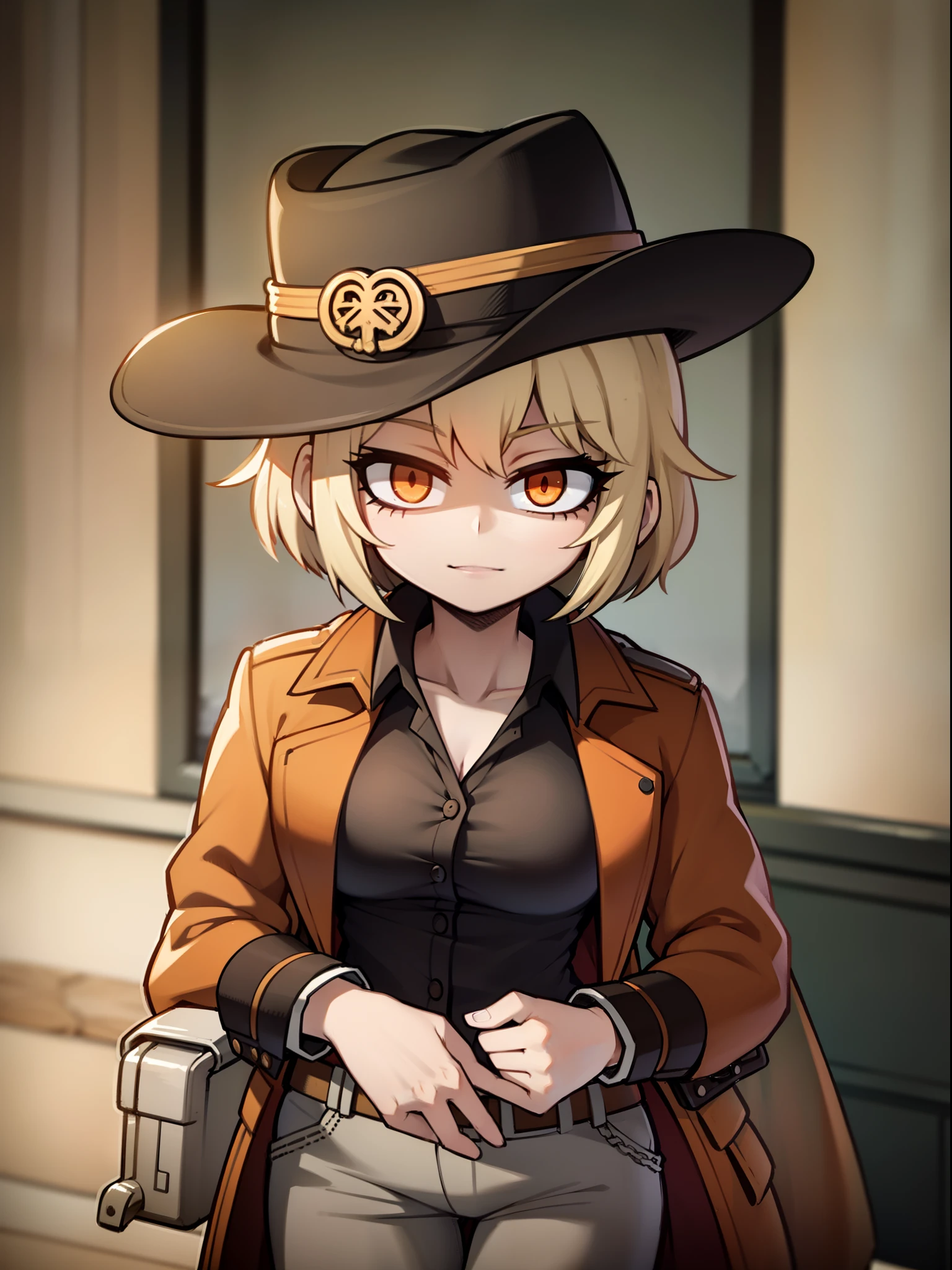 A woman with short brown hair with orange eyes wearing a brown Western overcoat in a western village wearing a cowboy hat with one in the holster and brown pants