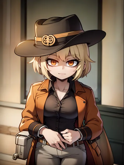 A woman with short brown hair with orange eyes wearing a brown Western overcoat in a western village wearing a cowboy hat with o...
