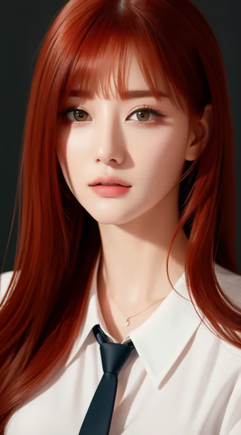 top-quality、​masterpiece、8K、Beautuful Women、white  shirt、neck tie、face perfect、beautidful eyes、red hairs