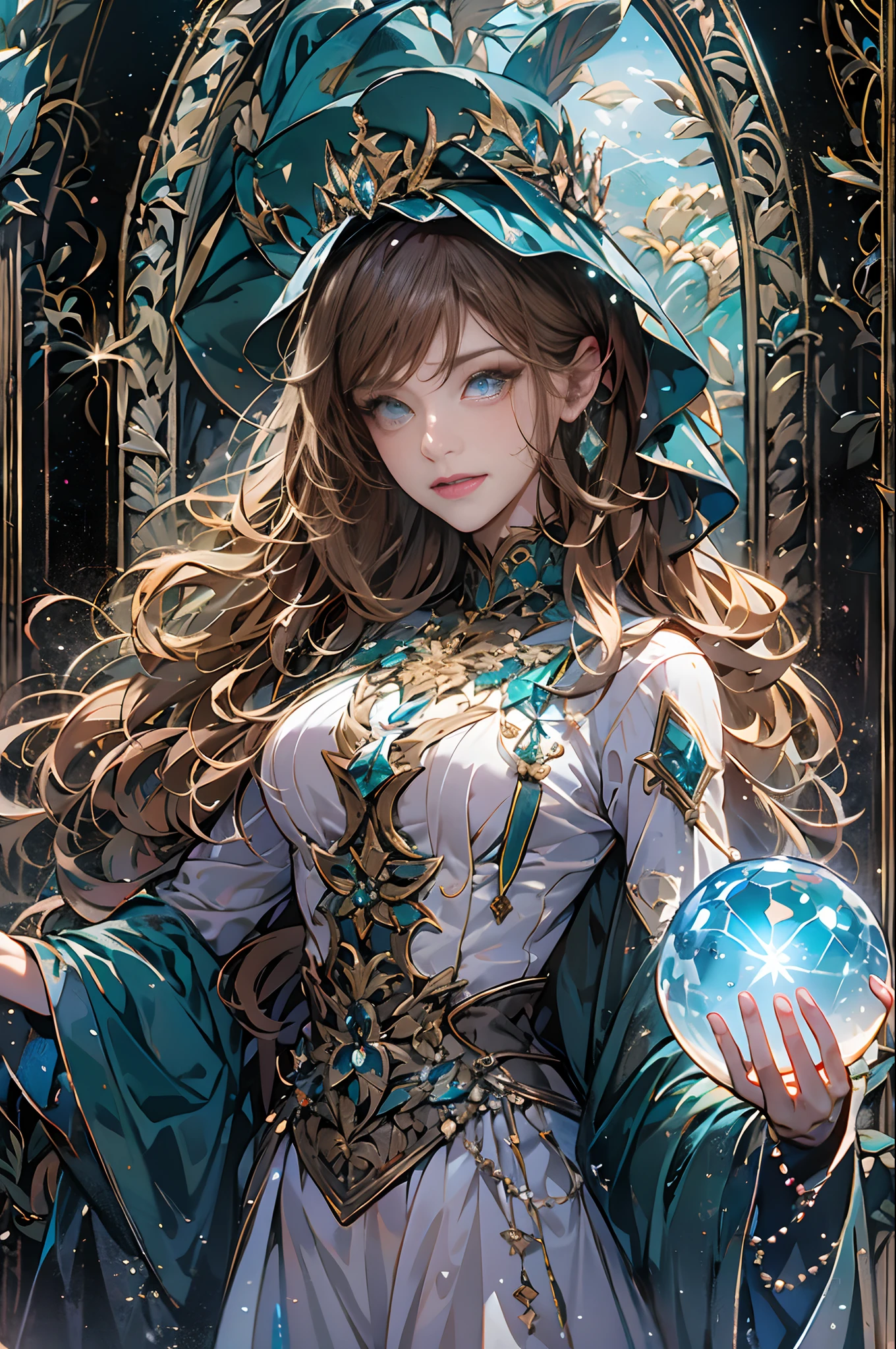 (absurdres, highres, ultra detailed), 1woman, mature female, aged up, wavy long hair, auburn hair, coral eyes, bangs, long sleeves, finely detailed eyes and detailed face, extremely detailed CG unity 8k wallpaper, intricate details, (style-swirlmagic:1.0), looking at viewer, solo, upper body, detailed background, close up, detailed face, (gothic dark ages theme:1.1), crystal sorcerer, dynamic pose, earth themed clothes, crystal crown, floating in the air, glowing magical shards, surrounded by blue magical crystals, rock formations, stalactites, magical floating particles, crystal glass, crystal sphere, crystal canyon background, (shallow water:0.7), epic ethereal atmosphere, updraft,, portrait