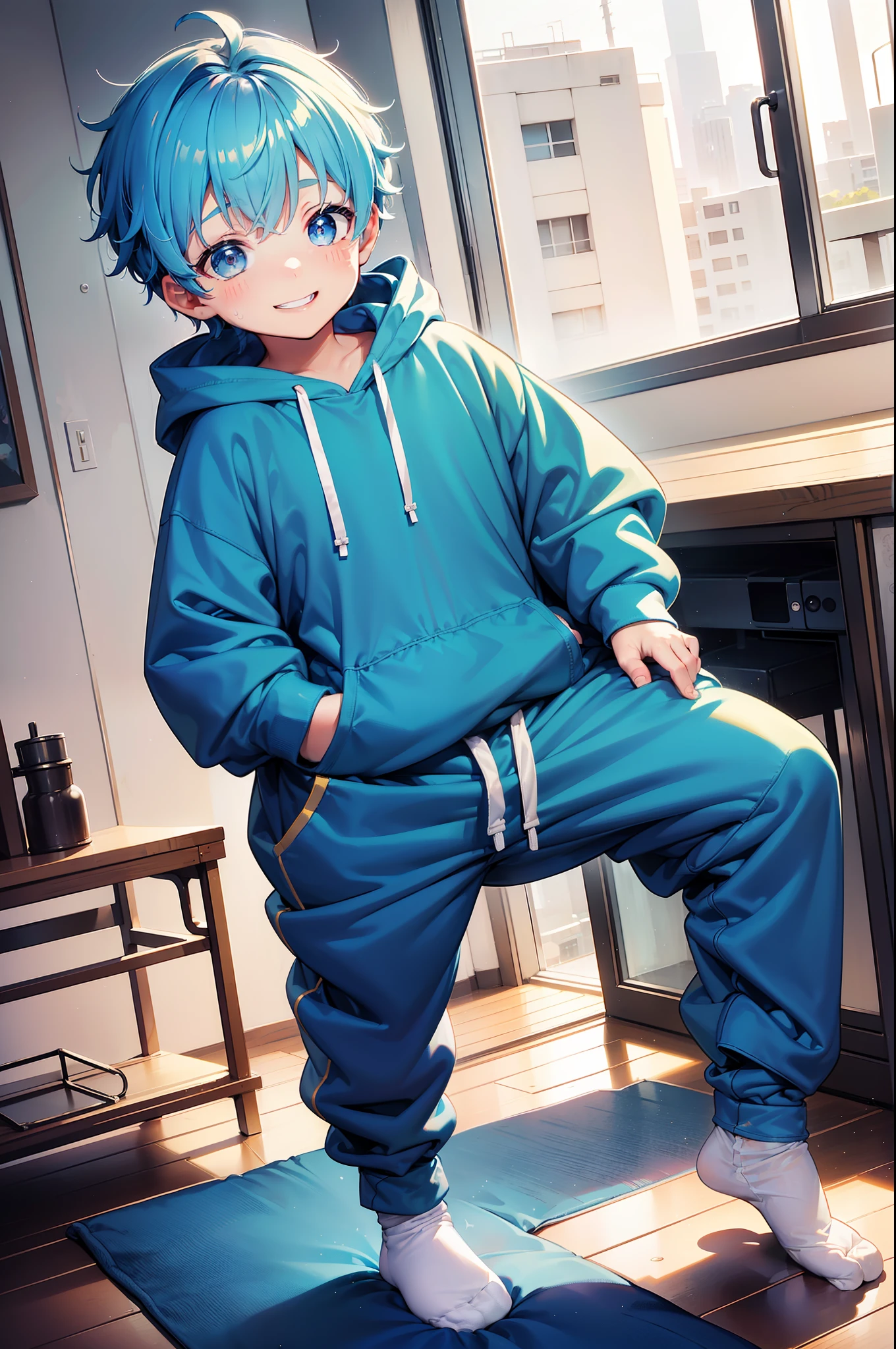 Masterpiece, chubby Little boy with blue hair and shiny bright gold colored eyes and small socks wearing a hoodie, and oversized sweatpants sitting in a his room, raining outside window, young, boy, child, small, toddler, soft light, (sweatpants:1.4), (undersized socks:1.4), (Boy:1.4), (Shota:1.4), (Young:1.4), (Male:1.4), (smiling:1.4), (foot:1.4), (cocky:1.4), (pastel:1.0), (colors:1.0), (cute colors:1.0),