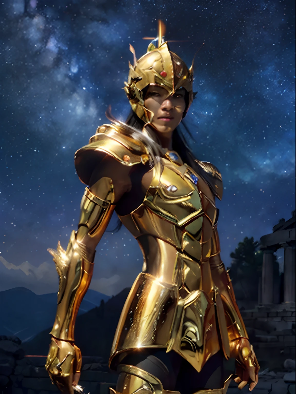 masutepiece, Best Quality, High resolution, Realistic skin texture, armor, (Photorealistic: 1.4), High resolution, Raw photo, 1 boy, Shiny skin, (Skin Detail: 1.2), Realistic skin texture, better lighting, cheerfulness, Dramatic Lighting, Attack Pose, greek temple background, (Starry sky: 1.1), cosmos, Milky way, (Golden helmet: 1.2), Tanned skin,  (Golden breastplate: 1.2), (helmets), fire, Serious face, golden armour, constellation ,constellation