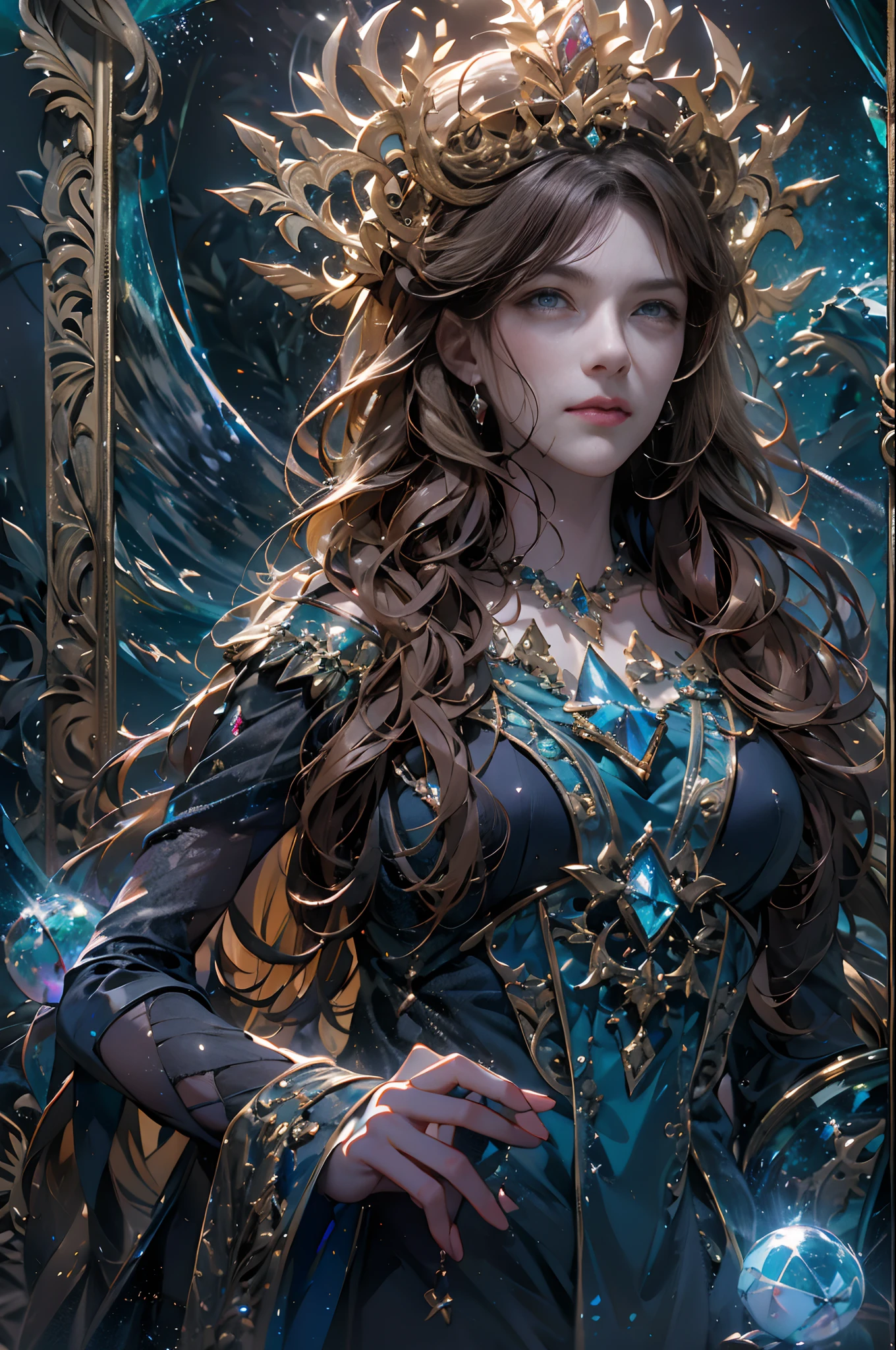 (absurdres, highres, ultra detailed), 1woman, mature female, aged up, wavy long hair, auburn hair, coral eyes, bangs, long sleeves, finely detailed eyes and detailed face, extremely detailed CG unity 8k wallpaper, intricate details, (style-swirlmagic:1.0), looking at viewer, solo, upper body, detailed background, close up, detailed face, (gothic dark ages theme:1.1), crystal sorcerer, dynamic pose, earth themed clothes, crystal crown, floating in the air, glowing magical shards, surrounded by blue magical crystals, rock formations, stalactites, magical floating particles, crystal glass, crystal sphere, crystal canyon background, (shallow water:0.7), epic ethereal atmosphere, updraft,, portrait