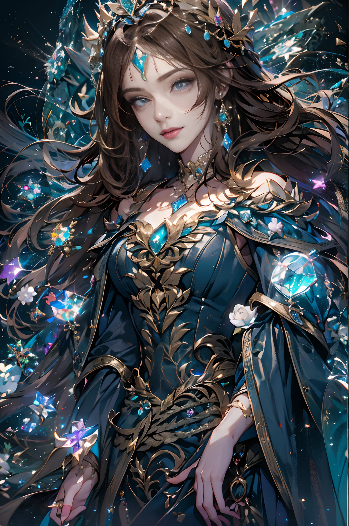 (absurdres, highres, ultra detailed), 1woman, mature female, aged up, wavy long hair, auburn hair, coral eyes, bangs, long sleeves, finely detailed eyes and detailed face, extremely detailed CG unity 8k wallpaper, intricate details, (style-swirlmagic:1.0), looking at viewer, solo, upper body, detailed background, close up, detailed face, (gothic dark ages theme:1.1), crystal sorcerer, dynamic pose, earth themed clothes, crystal crown, floating in the air, glowing magical shards, surrounded by blue magical crystals, rock formations, stalactites, magical floating particles, crystal glass, crystal sphere, crystal canyon background, (shallow water:0.7), epic ethereal atmosphere, updraft,, portrait