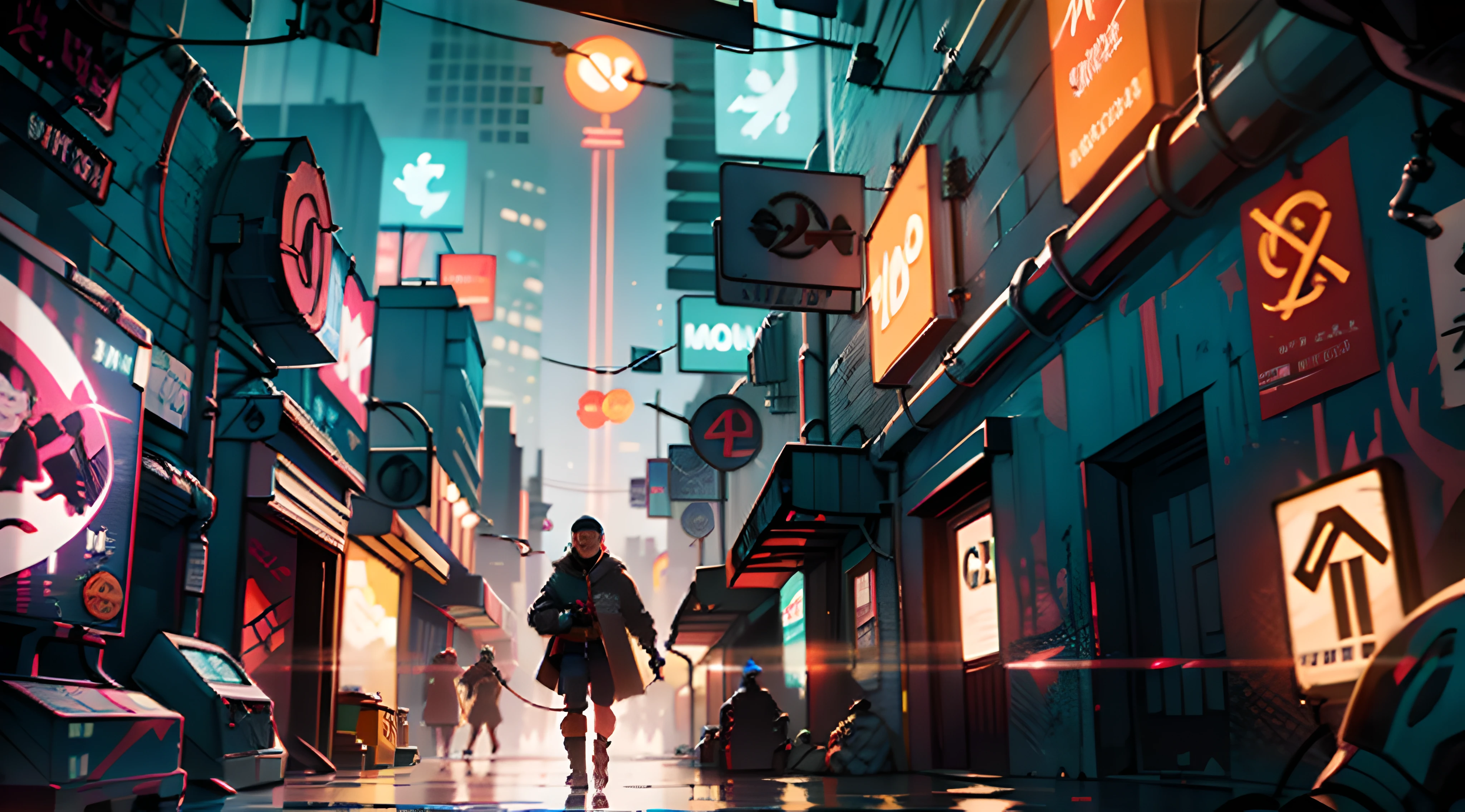 (Best quality),(masterpiece),(high detailed),"Dystopian street scene in a cyberpunk city. The focus is on a lone hacker, wearing augmented reality glasses, manipulating holographic code in mid-air using gesture controls. The city backdrop is a mix of dark alleyways, towering skyscrapers, and flickering neon signs. The image is an artistic digital illustration with a blend of gritty realism and futuristic elements. The art style is a fusion of cyberpunk aesthetics and steampunk details. The camera angle is a dynamic close-up, capturing the hacker's intense concentration. The lens used is a macro lens, highlighting intricate details in the code and character's expression. The lighting features neon glows and dramatic shadows to enhance the mood. Refer to the work of illustrators on Deviantart known for their cyberpunk interpretations."