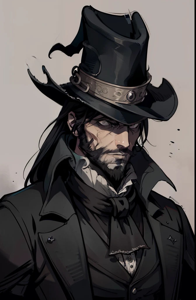 bloodborne huntsman with beard and deep sad eyes standing in Yharnam, wearing a top-hat, Black and white palette, eerie and grim art style, a portrait of the character, drawn in a dark style, shadowy character, , inspired by Vasily Perov, comic drawing style, inspired by Samuel Hieronymus Grimm, inspired victorian