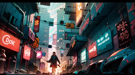 (Best quality),(masterpiece),(high detailed),"Dystopian street scene in a cyberpunk city. The focus is on a lone hacker, wearing...