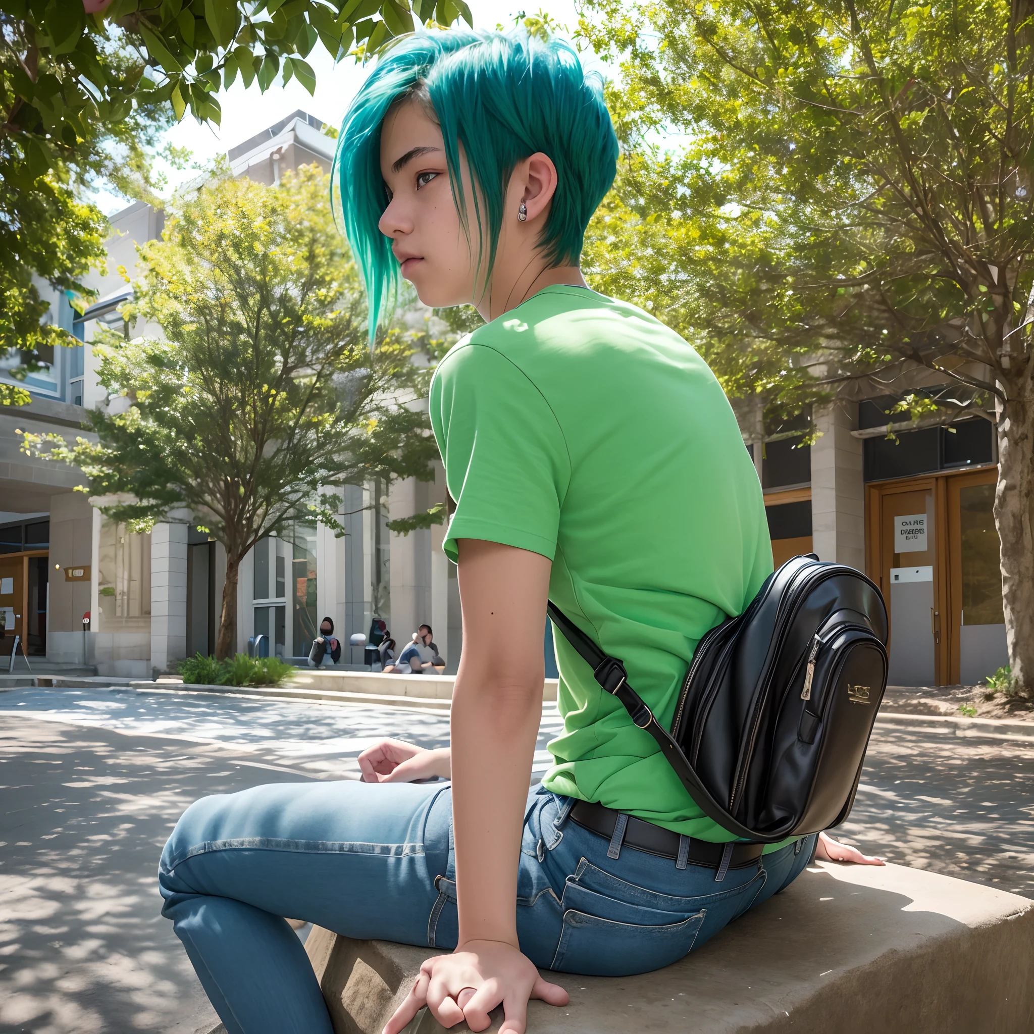 Araffe sitting on a bench in a city with a green hair - SeaArt AI