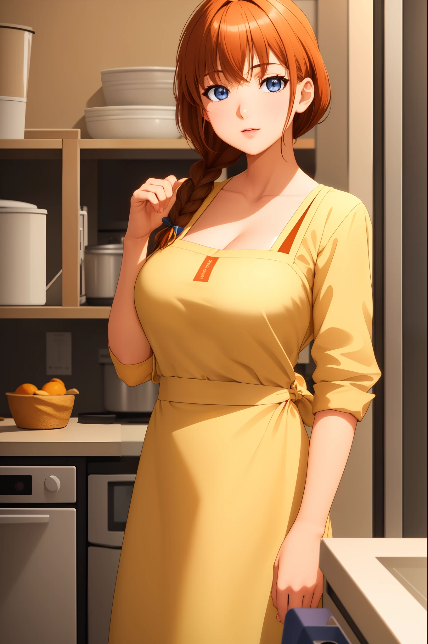 indoors, in a kitchen,
Standing on the floor,
apron, collarbone, (Yellow_shirt),
bangs, Brown Hair, Blue eyes,single braid, Orange hair ribbon, 
1 girl, 20yo,Young female,Beautiful Finger,Beautiful long legs,Beautiful body,Beautiful Nose,Beautiful character design, perfect eyes, perfect face,expressive eyes,
looking at viewer, in the center of the image,(Upper_body),(Focus on her face),
official art,extremely detailed CG unity 8k wallpaper, perfect lighting,Colorful, Bright_Front_face_Lighting,shiny skin,
(masterpiece:1.0),(best_quality:1.0), ultra high res,4K,ultra-detailed,
photography, 8K, HDR, highres, absurdres:1.2, Kodak portra 400, film grain, blurry background, bokeh:1.2, lens flare, (vibrant_color:1.2)
(Beautiful,Breasts), (beautiful_face:1.5),(narrow_waist),