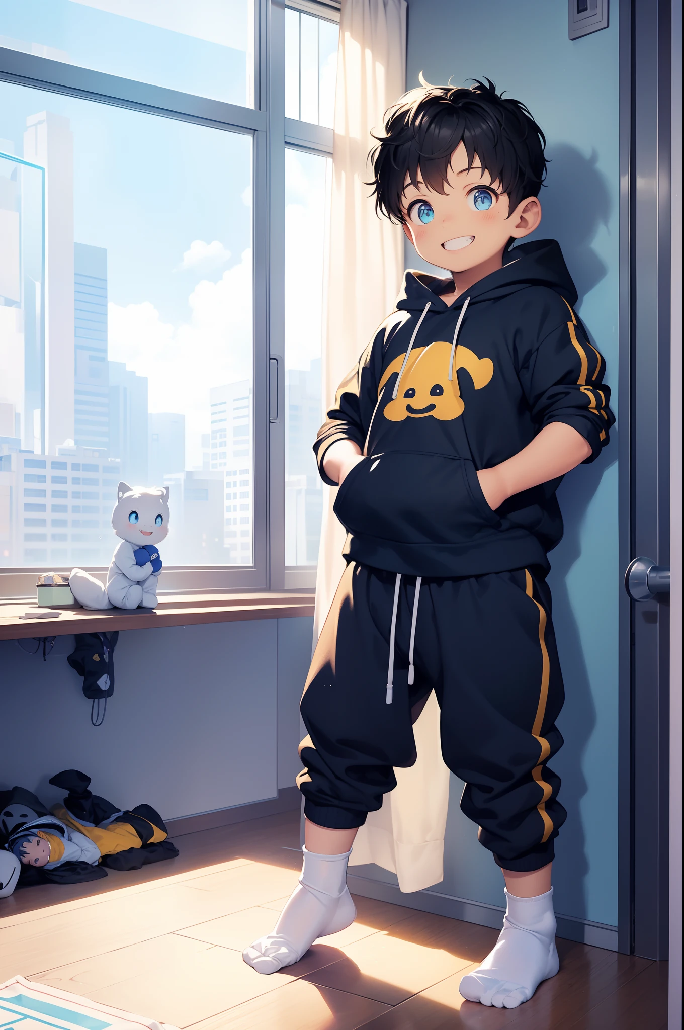 Masterpiece, chubby Little boy with blue hair and shiny bright gold colored eyes and small socks wearing a hoodie, and oversized sweatpants sitting in a his room, raining outside window, young, boy, , small, toddler, soft light, (sweatpants:1.4), (undersized socks:1.4), (Boy:1.4), (Shota:1.4), (Young:1.4), (Male:1.4), (smiling:1.4), (foot:1.5), (cocky:1.4), (pastel:1.0), (colors:1.0), (cute colors:1.0),