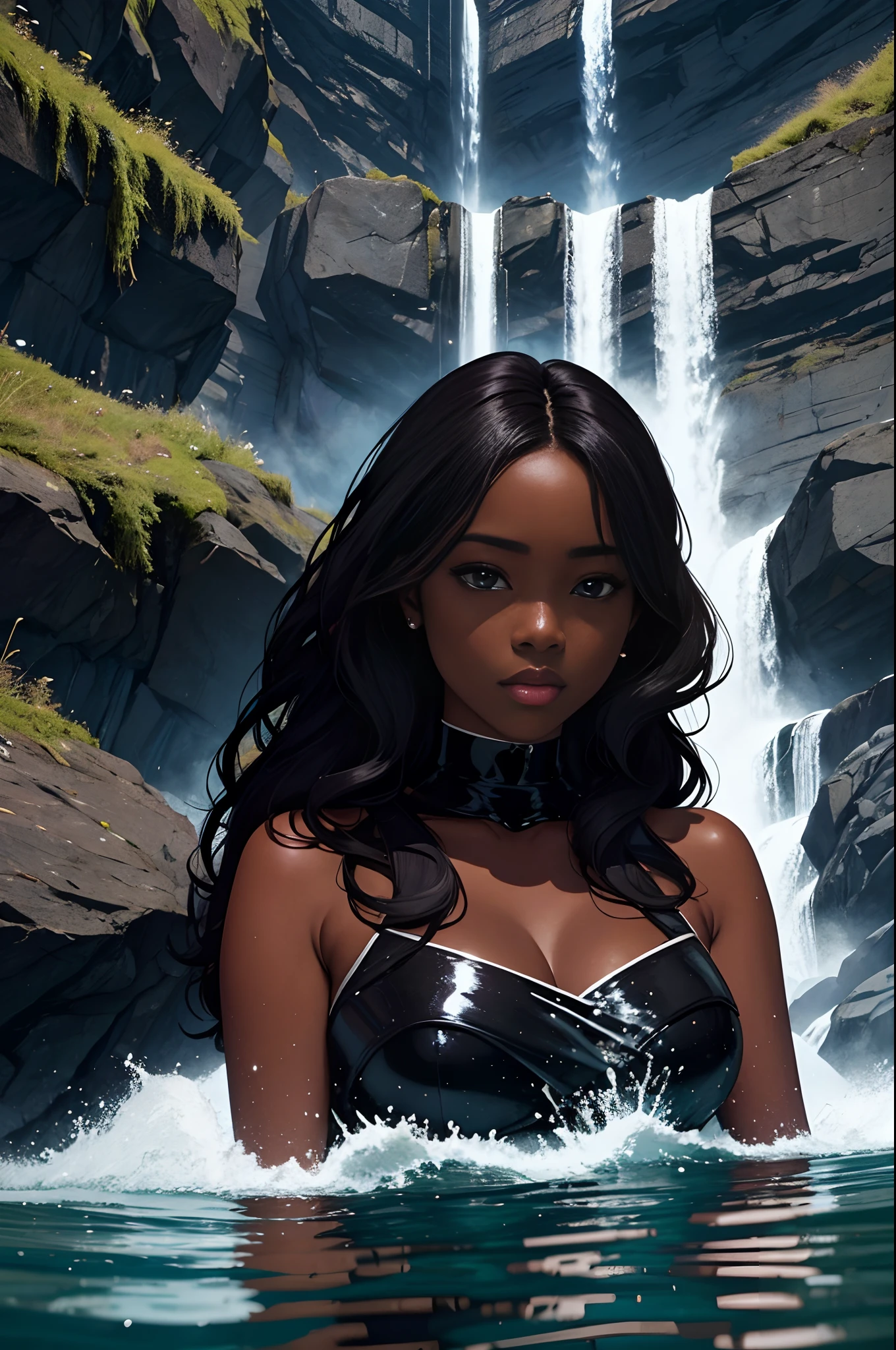 Portrait of a beautiful dark sking black Lady emerging from the lake in front of waterfall.