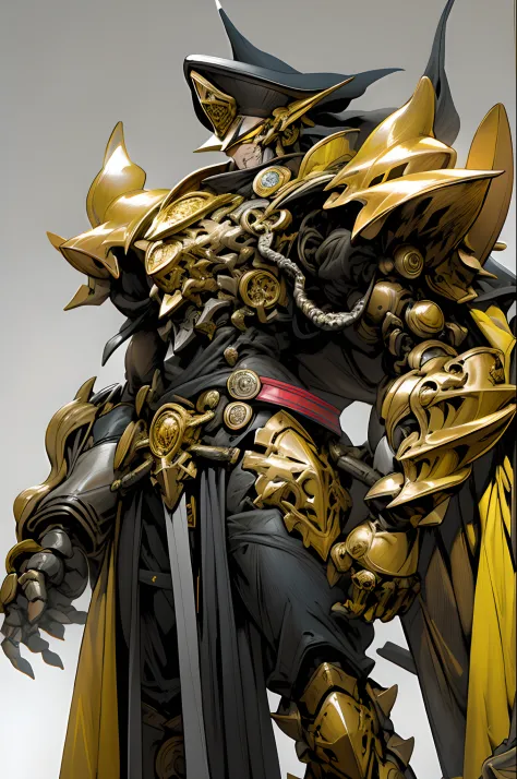 armaduras do e amarelo ,his hands hold a broad spear of heavy armor, oda_smoll,hat,rmilitary uniform amarelo, uma luz vermelha a...