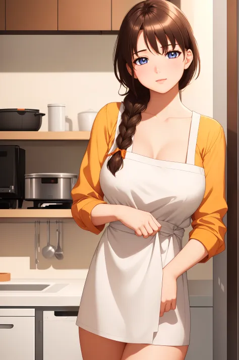 indoors, in a kitchen,
Standing on the floor,
apron, collarbone, (Yellow_shirt),
bangs, Brown Hair, Blue eyes,single braid, Oran...