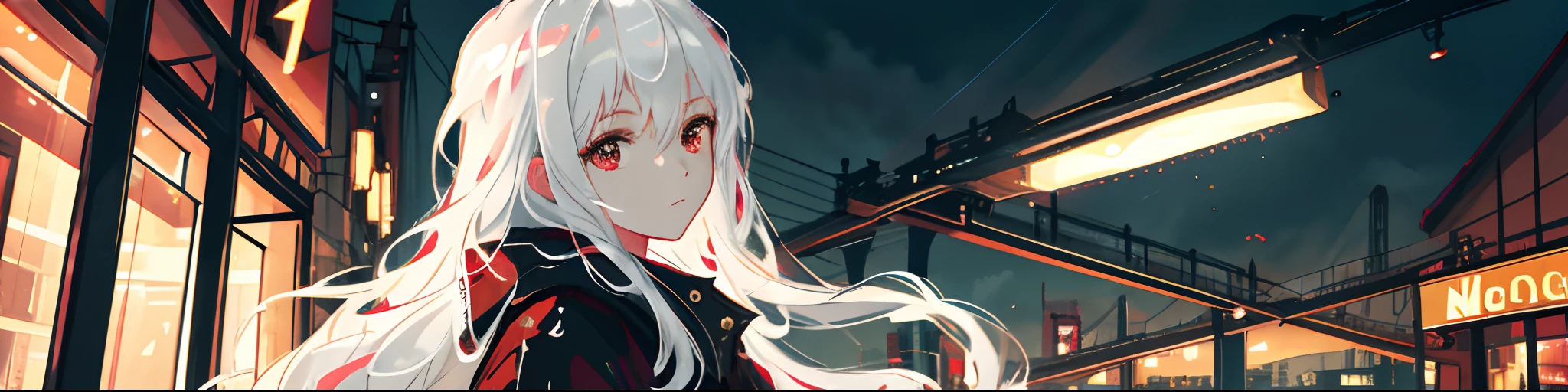 masterpiece, best quality, extremely detailed, cinematic lightning, intricate detail, highres, official art, finely detailed beautiful face and eyes, high resolution illustration, 8k, depth of field, bokeh, solo, 1girl, a girl with white hair and red eyes, long white hair, beautiful red eyes, beautiful landscape, rainy city, upper body, looking at viewer, close up