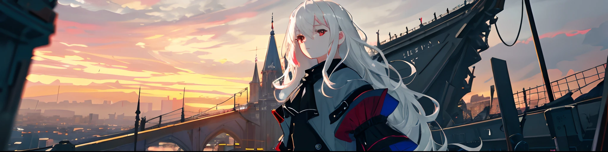 masterpiece, best quality, extremely detailed, cinematic lightning, intricate detail, highres, official art, finely detailed beautiful face and eyes, high resolution illustration, 8k, depth of field, bokeh, solo, 1girl, a girl with white hair and red eyes, long white hair, beautiful red eyes, beautiful landscape, rainy city, upper body, looking at viewer, close up