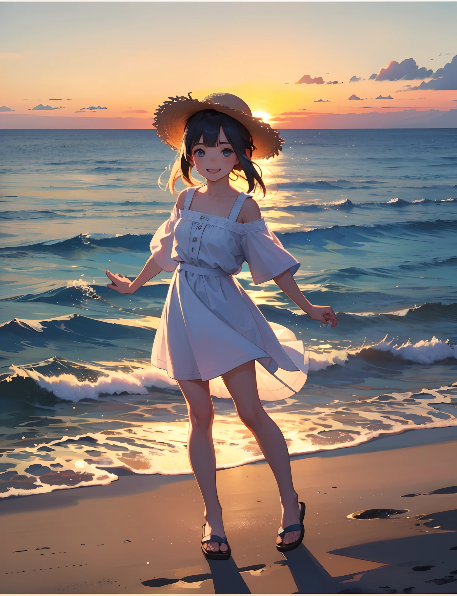 A happy little girl，Dressed in casual attire，Have by the sea，Wear slippers，With a straw hat，The background is the sea，Sunset and sunset，Face the camera，Full body photo，Ultra-high definition