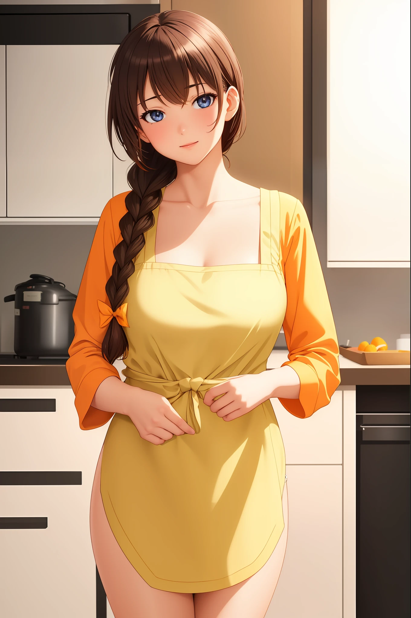 indoors, in a kitchen,
Standing on the floor,
apron, collarbone, (Yellow_shirt),
bangs, Brown Hair, Blue eyes,single braid, Orange hair ribbon, 
1 girl, 20yo,Young female,Beautiful Finger,Beautiful long legs,Beautiful body,Beautiful Nose,Beautiful character design, perfect eyes, perfect face,expressive eyes,
looking at viewer, in the center of the image,(Upper_body),(Focus on her face),
official art,extremely detailed CG unity 8k wallpaper, perfect lighting,Colorful, Bright_Front_face_Lighting,shiny skin,
(masterpiece:1.0),(best_quality:1.0), ultra high res,4K,ultra-detailed,
photography, 8K, HDR, highres, absurdres:1.2, Kodak portra 400, film grain, blurry background, bokeh:1.2, lens flare, (vibrant_color:1.2)
(Beautiful,Breasts), (beautiful_face:1.5),(narrow_waist),