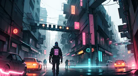 (Best quality),(masterpiece),(high detailed),"Dystopian street scene in a cyberpunk city. The focus is on a lone hacker, wearing...