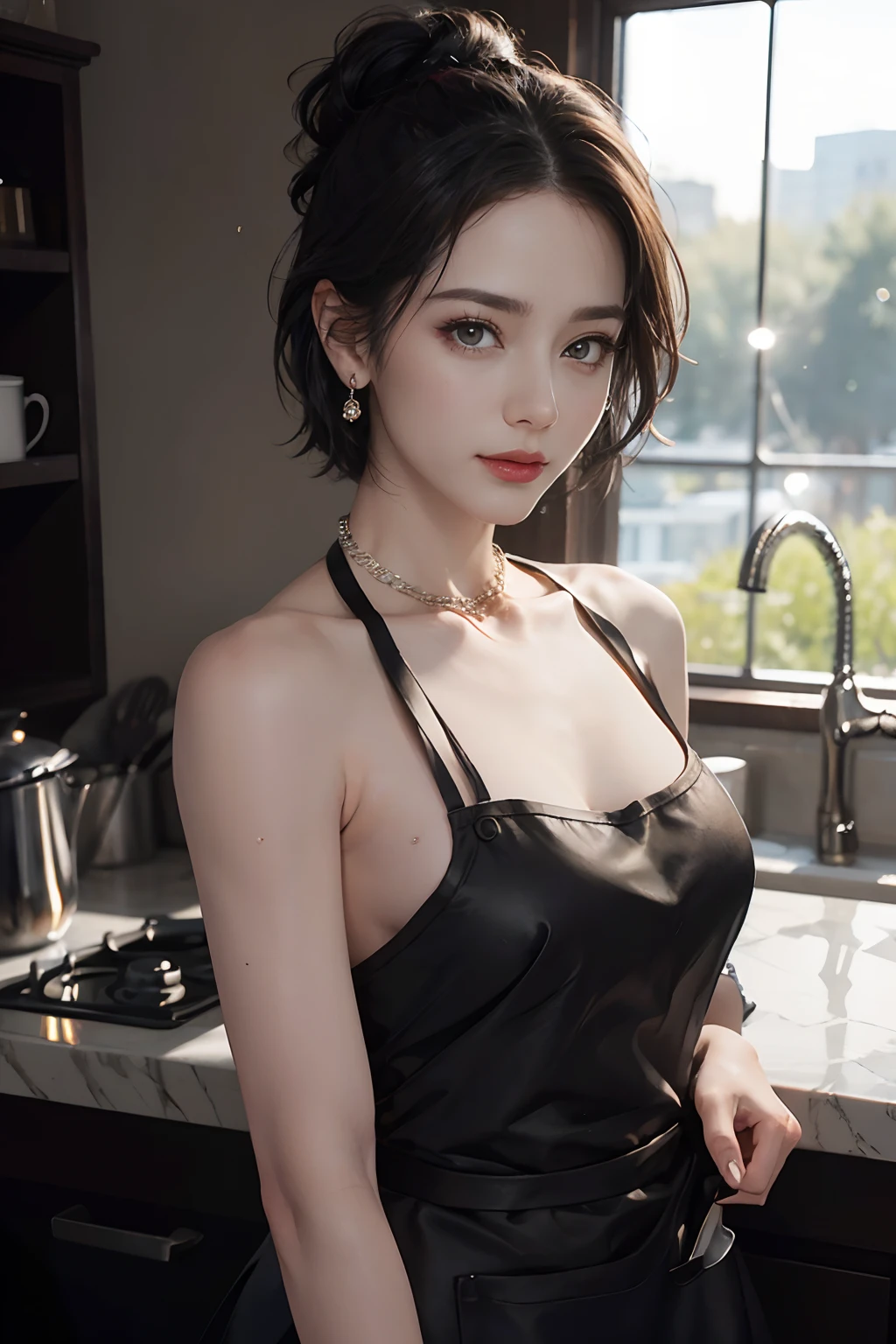 (short hair woman), (naked kitchen apron), (black yellow apron), round breasts, deep cleavage, best quality, masterpiece, illustration, very delicate and beautiful, very detailed skin, CG, Unity, 8K wallpapers, amazing, fine detail, highly detailed CG Unity 8K wallpapers, huge file size, very detailed, high resolution, handsome detailed woman, very detailed eyes and face,  Stunning detailed eyes, light on the face, (Best illustration: 1.1), (best shadow: 1.1), ultra high resolution, (photorealistic: 1.1), (photorealistic 1.2:1.1), realistic face proportions, slim, smile, , (fluffy black eyes: 1.21), black eyes, looking at the viewer, dark brown hair, earrings, necklaces, hairpins, cowboy shots, (irregular irregular skin imperfections, veins, skin wrinkles pores: 1.2), (dark night background: 1.2), (bokeh: 1.4),
