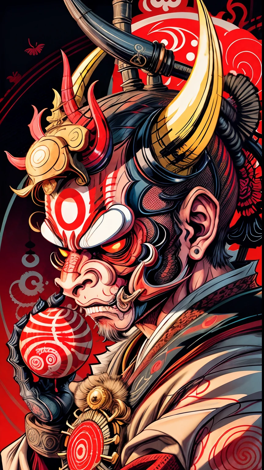 Hannya monkey style mask 0mib, illustrator, Masterpiece artwork, high qualiy, 8k, high resolution, High detailed, japanese, Samurai, ape
