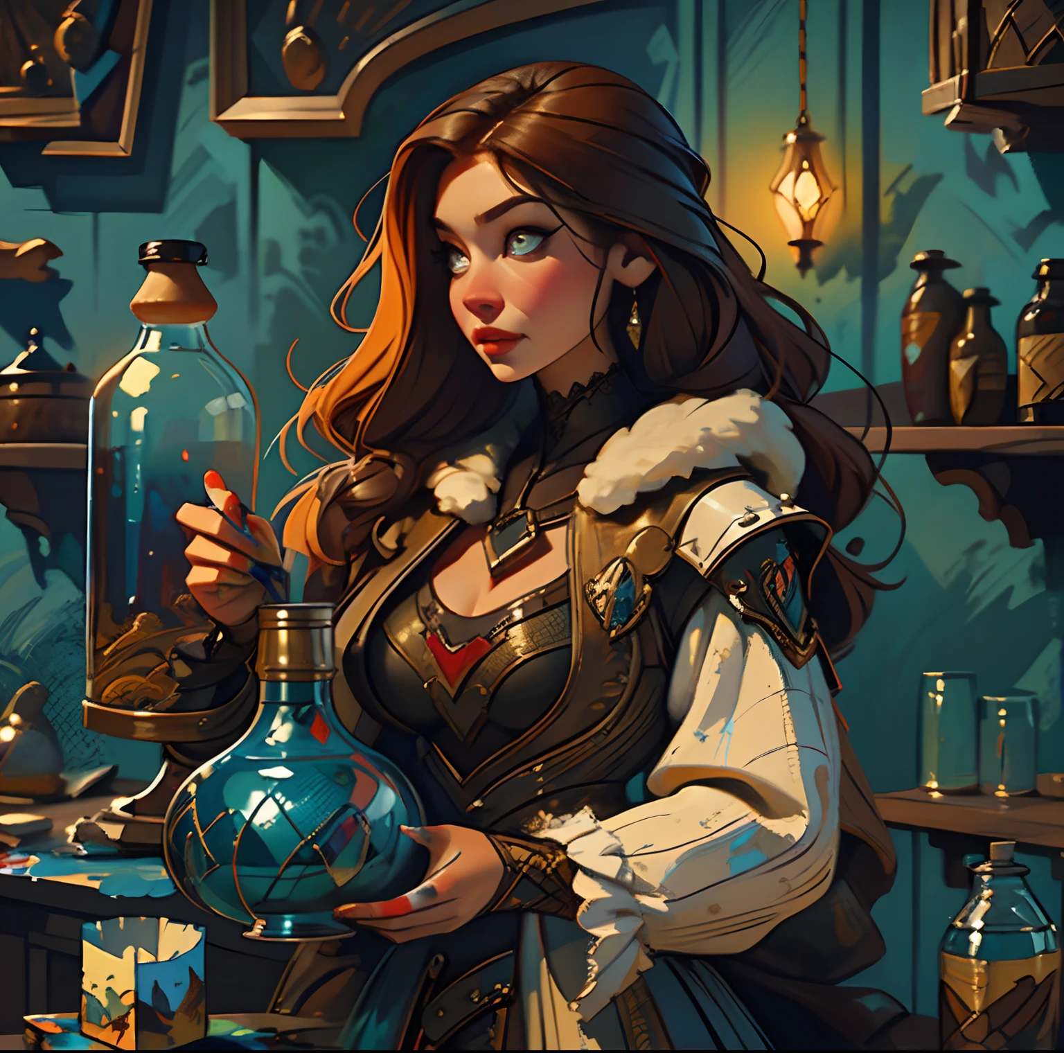 beautiful ginger women in detailed dress at cozy detailed potions shop, air above hair, IPA award wining, masterpiece, made with professional high quality camera, intense contrast, (detailed painting matrix:1.5), perfect colors, perfect setup,