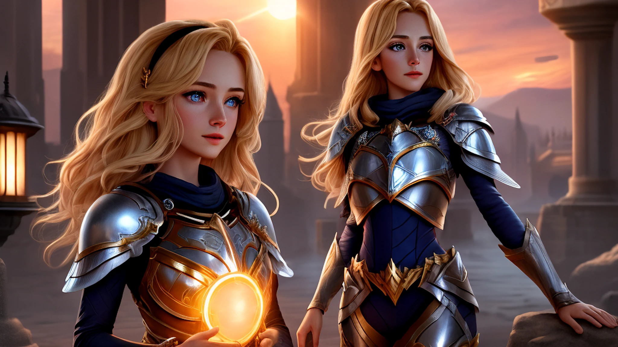 beautiful derailed blue eyes, sunset, a young gorgeous lux, luxanna crownguard, league of legends, ((full body)), 1girl, solo, blonde hair, blue eyes, blue pants, blue bodysuit, bodysuit, impossible bodysuit, brown hairband, hairband, long hair, long sleeves, breastplate, pauldrons, armor, gold trim, shoulder armor, masterpiece, 8k wallpaper, highres, high quality background, beautiful castle, (sun), (magic:1.2), angelic goddess, fantasy, electricity, brightness, hyper-detailed, realistic light, hard lighting, intricate details, stop motion, tonemapping, (illustration:1.1), (extremely detailed CG unity 8k wallpaper:1.1), (beautiful face:1.1)