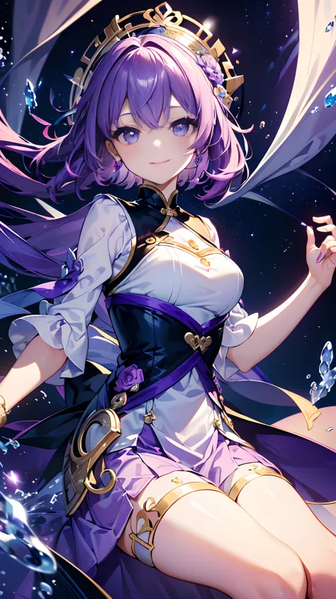 (((​masterpiece)))、(((top-quality)))、((ultra-detailliert))、(illustratio)、((extremely delicate and beautiful))、dynamic ungle、A smile、floating、Purple hair、(beatiful detailed eyes)、(Detailed light) (1girl in)、独奏、floating_hair、radiant eyes、Twin-tailed、Purple H...