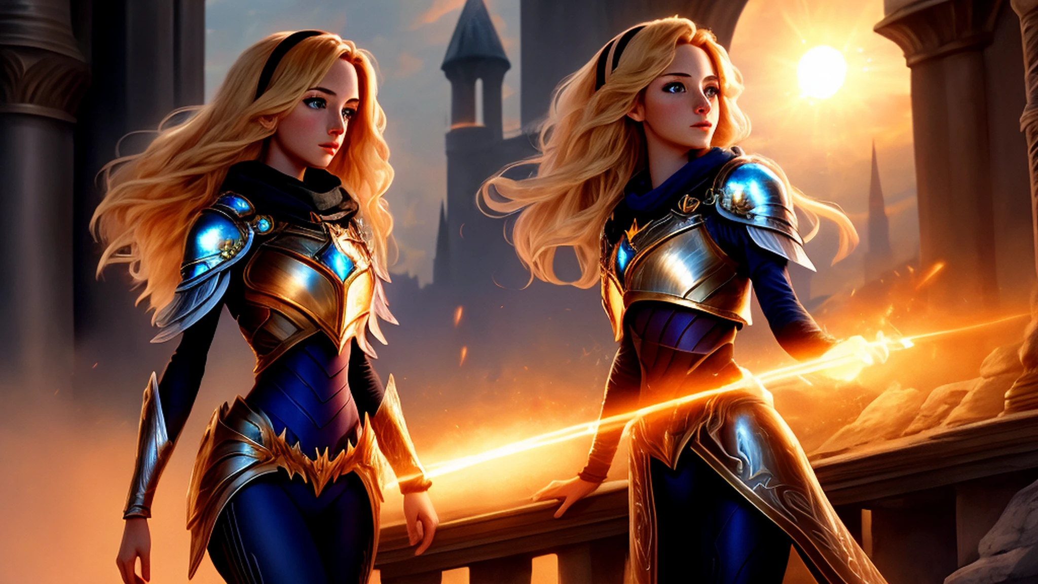 beautiful derailed yeux bleus, soleilset, un jeune et magnifique lux, garde-couronne de Luxanna, League of Legends, ((tout le corps)), 1fille, seulement, cheveux blond, yeux bleus, pantalon bleu, blue le maillot de corps, le maillot de corps, impossible le maillot de corps, brown bandeau pour cheveux, bandeau pour cheveux, cheveux longs, manches longues, pectoral, épaulettes, armure, bordure dorée, shoulder armure, chef-d&#39;œuvre, Fond d&#39;écran 8k, haute résolution, fond de haute qualité, beau château, (soleil), (la magie:1.2), déesse angélique, fantaisie, électricité, luminosité, hyper détaillé, Lumière réaliste, éclairage dur, détails complexes, stop motion, mappage de tons, (illustration:1.1), (extremely detailed CG unity Fond d&#39;écran 8k:1.1), (Beau visage:1.1)