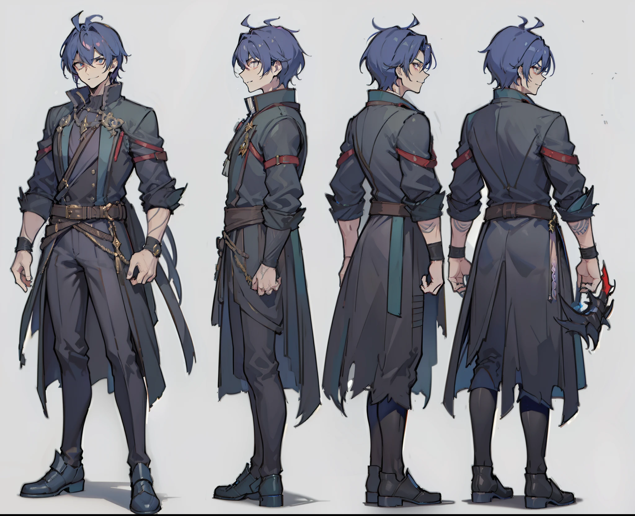 1male, reference sheet, matching outfit, (fantasy character design, front angles, side angles, rear angles) arrogant demeanor, disheveled appearance, flashy accessories, self-assured attitude, condescending eyes, confident smirk. (masterpiece:1.2), (best quality:1.3). (masterpiece:1.2), (best quality:1.3).