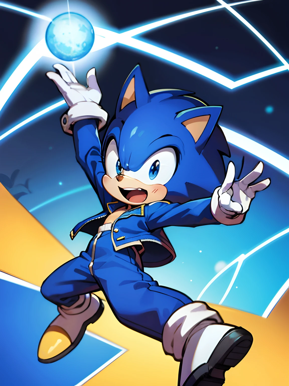 Sonic O ouriço, jaqueta adidas azul brilhante, 1 menino, Sozinho, rindo, pose dinâmica, estilo anime