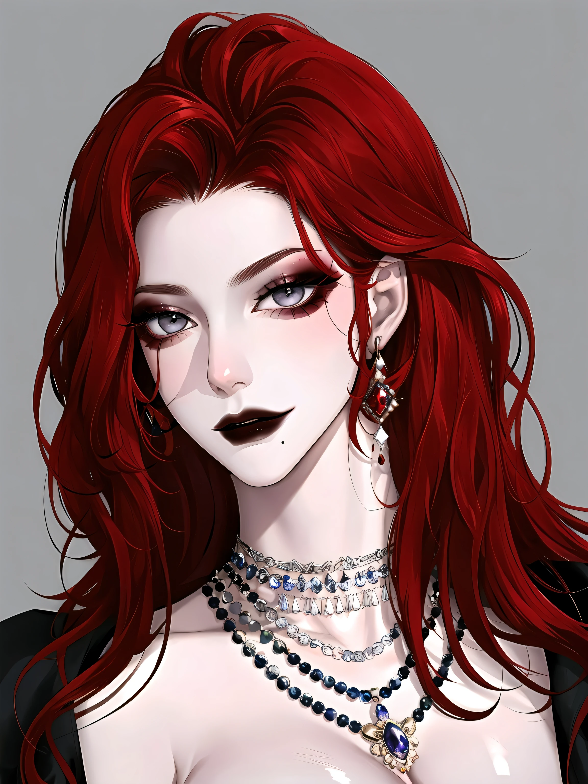 1girl, jewelry, red hair, solo, necklace, long hair, earrings, mole under mouth, red nails, petals, red lips, hair ornament, flower, black flower, pearl necklace, portrait, lipstick, makeup, grey eyes, nail polish,shiny skin, large breasts,caberuel,(mature female:1.16),
