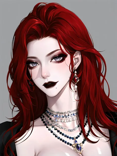 1girl, jewelry, red hair, solo, necklace, long hair, earrings, mole under mouth, red nails, petals, red lips, hair ornament, flower, black flower, pearl necklace, portrait, lipstick, makeup, grey eyes, nail polish,shiny skin, large breasts,caberuel,(mature...